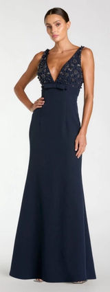NWOT Mac Duggal 2278 Navy Sleeveless Embellished Crepe Gown With Bow Size 4 Photo 0