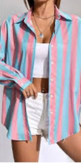Zara Pink Blue Striped Long Sleeve Button Up Dress Shirt Size S Small Photo 0