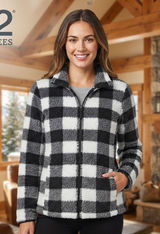32 Degrees Heat Womens Buffalo Plaid Sherpa Fleece Full Zip Jacket Black White S Photo 0