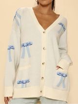 Miss Sparkling Ivory Blue Bow Cardigan Oversized V Neck Knit. Size L Photo 0