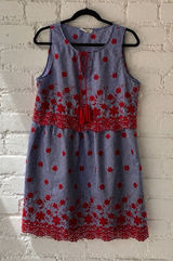 Entro Cotton Gingham Fit & Flare Dress Red Floral Lace Embroidered Sz. L Photo 0