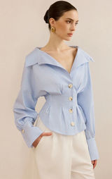 Commense Blue and White Striped Collared Shirt with Waist-Cinching Design Small NWT Photo 0