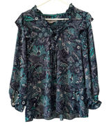 Anthropologie Maeve Floral Button Up Blouse Boho‎ Size L Pleated Ruffles Peasant Photo 0