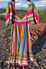 FARM Rio Rainbow Stripe Maxi Dress M Multicolor Puff Sleeve Boho Resort colorful Photo 0