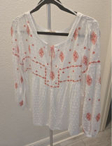 ​Solitaire Embroidered Large Coral & White Boho Swiss Dot Peasant Tie Neck Top Photo 0