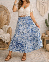 Atelier New York 100% Cotton Tiered Maxi Skirt Blue Floral Size 10 NWT. Stretchy smocked waist. Lined to knee. Flowy boho design. 16-19” waist 41” long Photo 0