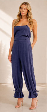 Women's Navy Blue Strappy Jumpsuit NWT Cotton Linen Open Back Jumpsuit M Photo 0