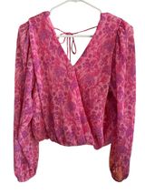 Japna Pink & Purple Floral Wrap Blouse with V-Neck, Tie Back. Boho Romantic Photo 0