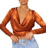 Pretty Little Thing New Satin Cowl Neck Long Sleeve Crop Top Rust Size 6 Photo 0