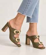 Ana Palma Olive Green Leather Ivory Buckle Block Heel Mules Made in Spain Photo 0