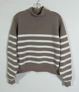 CALIA Womens M Taupe White Striped Mock Neck Cropped Pullover Sweatshirt Photo 0