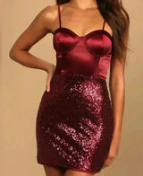 Lulus Dance in the Spotlight Burgundy Satin Sequin Bustier‎ Mini Dress Size M B25 Photo 0
