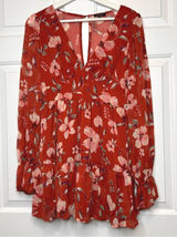 Privy Floral Print Mini Dress Long Sleeve Rust Red V Neck Ruffle‎ Hem Small Photo 0