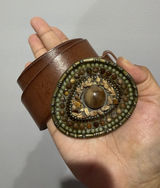 Vintage Congac Full Grain Leather Belt Stone Jewel Buckle Boho Hobo Western Y2K Photo 0