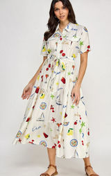 Milk & Honey Printed Button Front Belted Short Sleeve Midi Dress Size Small Photo 0