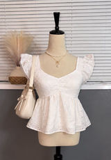 White Eyelet Smocked Peplum Blouse with Flutter Sleeves Photo 0