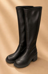 Steve Madden Women Knee High Boots 10 Black Faux Leather Lug Sole Platform Heel Photo 0