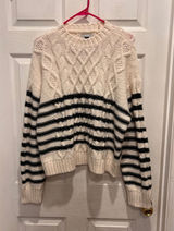 American Eagle Women L Cream Black Striped Cable‎ Knit Crew Neck Sweater Relaxed Photo 0