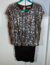 Alberto Makali Vintage Y2K Brown‎ Sequin Ruched Stretchy Blouse Shirt Tunic Top Photo 0