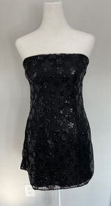 Glam ASOS DESIGN Black Sequin Floral Mesh Strapless Mini Bodycon Dress size 2 Photo 0