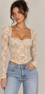 Rue21 Women's Cream Floral Lace Corset Top M Coquette Romantic Sheer Long Sleeve Photo 0