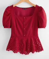 SHEIN Blouse Red Laser Cut Peplum Puff Sleeve Button Front XL Women Photo 0
