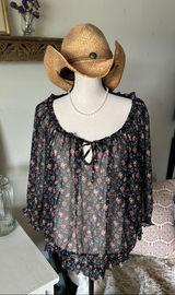 Natural life, black sheer floral BoHo cottage peasant, 3/4 sleeve blouse top XL Photo 0