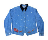 Vintage Bill Blass‎ Holiday Denim Shirt Santa Embroidery Black Velvet Collar XL Photo 0