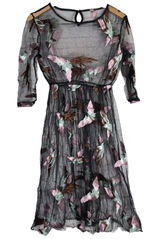 Sheer Black Embroidered Bird Midi Dress Women's Mesh‎ Long Sleeve Keyhole Button Photo 0