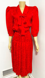 Argenti Vintage Red 100% Silk Jacquard Bow Belted Midi Dress Womens 6 Photo 0