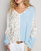 L POL Light Blue and Floral Patchwork V-Neck Top Photo 0