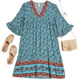 Women's Boho Floral Midi Dress L Turquoise Peasant Hippie Resort Empire Waist Photo 0