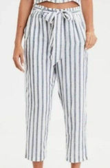 American Eagle Straight Leg Belted Elastic Waist Pants White Blue Stripe Large Photo 0