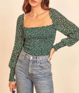Reformation‎ Womens Size S Pinto Floral Top Green Ditsy Print Smocked Cropped Photo 0