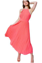 FLYING TOMATO Neon Coral Midi‎ Dress Accordion Pleat Size M High Neck Photo 0