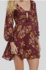 Free People Burgundy Floral‎ Long Sleeve Mini Dress Size 8 Photo 0