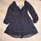LUMIERE Navy Blue Polka Dot Lace Up Ruffle Mini Dress Womens‎ Small S Photo 0