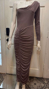 Club L London Brown Ruched Twist Bardot Maternity Midi Dress One-Shoulder Size 8 Photo 0