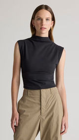 NWT Quince Mock Neck Sleeveless Black Tank Top Side Ruching Sz Medium Photo 0
