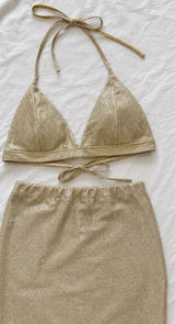 Divided Gold Shimmer Two-Piece Set | Triangle Halter Top & Mini Skirt Photo 0
