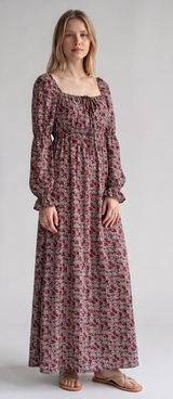 Promesa Floral Maxi Dress Burgundy Long Sleeve Square Neck Smocked Back Large Photo 0