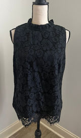 Ann Taylor Black Floral Lace Blouse Medium Ruffle Neck Office Chic Preppy Goth Coquette Photo 0