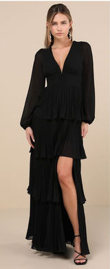 Lulus Graceful Finesse Black Pleated Long Sleeve Maxi Dress Size small Formal Photo 0