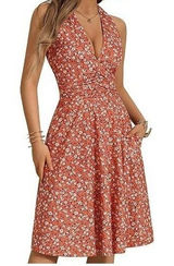 HUHOT Halter Dress Floral Ruched Summer Casual Sundress Pink‎ White L Photo 0