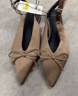A New Day Camille Taupe Satin Pointed Toe Slingback Bow Flats Shoes Womens 8 Photo 0