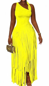 NWT ~ Women's Long Sleeveless Bright Yellow Fringe Maxi Party Dress ~ Size XL Photo 0