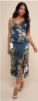 Lulus Remarkable Entrance Navy Blue Floral Print Satin Midi Dress Size Medium Photo 0