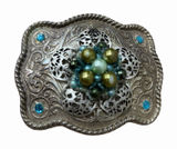 silver belt buckle western Wavy Rectangular Blue Gold Beaded Jeweled Cowboy‎ Photo 0