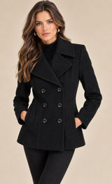 London Fog Black Double Breasted Wool Blend Longline Minimalist Pea Coat Small Photo 0