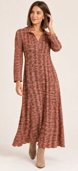 Ming Wang Womens XL Space Dye Knit Maxi Dress Fall Colors Polo V-Neck Viscose Photo 0